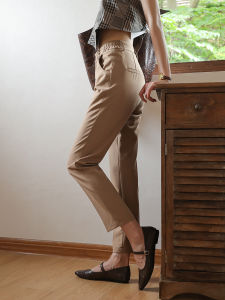 American Retro Casual Pants High Waist Cotton Blend Fabric Slimming Design Spring Autumn Wear Comfortable Elastic Waist