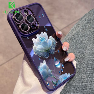 FLOVEME Crystal Bling Diamond Lens Protection Phone Case For iPhone 15 14 13 12 11 Pro Max 15 14 Plus Blue Flower Painted No Yellowing Fall Resistant Soft TPU Shockproof Back Cover For iphone 15 14 13 12 11