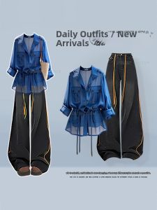 NUMEN BUTTON | Large Size Summer Commuter Stylish Slimming Shirt and Jeans Set