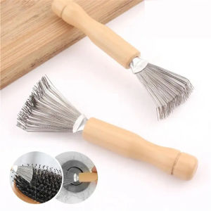 【Perfect Sunfeel】1Pc Hair Brush Cleaner Mini Dirt Remover Home Travel Salon Rake with Metal Wire Portable Comb Brush Wooden Handle Cleaning Tools
