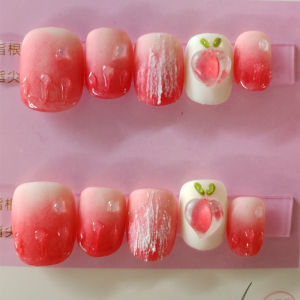 Handmade Gradient Blending Peach Color Nail Tips 3D Embossed Cute Waterdrop Design Wearable False Nails Beauty Nail Art Tools
