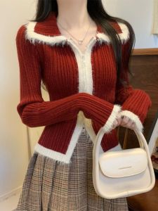 เสื้อสเวตเตอร์ถักคอปกปิดสไตล์เกาหลี แขนยาว ทรงเข้ารูป สำหรับผู้หญิง ฤดูใบไม้ร่วง/ฤดูหนาว เสื้อคลุมกันหนาวสีแดง