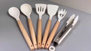 [VIDKHSY Store】6PCS Silicone Kitchen Utensils Set with Wooden Handle - Non-Stick Heat-Resistant Food Grade Cooking Tools for Pan (White)