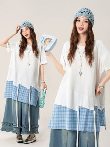 Vintage Irregular Check White T-Shirt Women