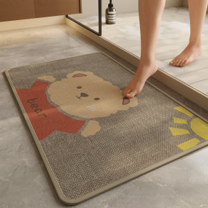 Cartoon Bear Bathroom Mat Linen like Floor Doormat Absorbent Quick Dry Non Slip Dirt Resistant Rectangular Home Decor Rug