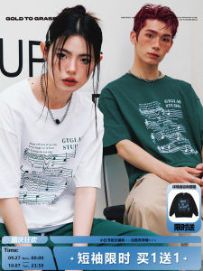 GTG Original American Retro Music Note round Neck Short Sleeve Mens Pure Cotton Spring New Oversize Half Sleeve T-Shirt