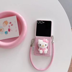 Sanrio | Cute Cartoon Hello Kitty Pink Plaid Pattern Magnetic Phone Case for Samsung Galaxy Z Flip 8 7 7FE 6 5 Cover with Stand + Lanyard