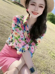 Spring Summer Floral Print Retro Fashion Long Sleeve Womens Shirt Unique Design Sensation Small Audience Sun Protection Trendy