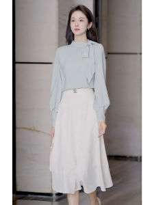 Korean Style Commute Formal Occasion Shirt Dress Set High Waist A-Line Skirt Long Sleeve round Neck Two-Piece Suit Elegant