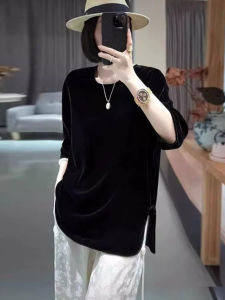 Gold Velvet Mid-Length Loose Womens T-Shirt Chinese Style Early Autumn Black Button Base Shirt Retro Commute Loose Fit T-Shirt