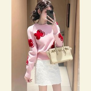 SHANGSHA | Atmospheric Unique Stylish Anti-aging Pink Floral Knitted Summer Top