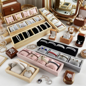 4 Grids Bamboo Wood & Velvet Jewelry Organizer Display Tray with Soft PillowNecklaces Bracelet Bangle Watches Storage Holder