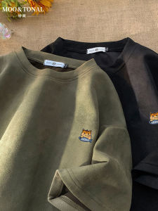 Summer New Heavyweight Suede Short Sleeve T-Shirt Mens Casual Youth Fashion Brand Loose Fit round Neck Printed Top