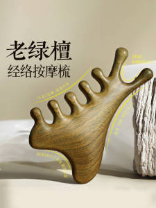 แปรงนวดศีรษะแบบสี่ในหนึ่งจากไม้เทียมอินทรีย์ธรรมชาติ Green Sandalwood แปรงดัดผมแบบเคลื่อนที่ที่ดูดซับความชื้น