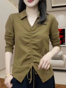 Slim Fit Cotton Shirt V-Neck Polo Collar Base Layer Top for Women Spring Fashionable Tailoring Mom Clothes Waist-Cinching Slimming