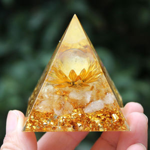 Citrine Orgonite PyramidFlower of Life orgone Pyramid with crystal  Sphere Lotus Base home office Wealth Ornaments table decoration