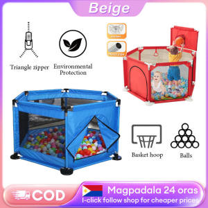 Beige Baby playpen Big Size with Balls Foldable Portable Indoor Play Fence for Toddlers and Kids Home Safety Fence