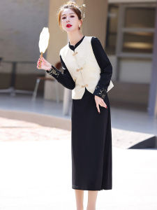 New Chinese Style Long Sleeve Dress Black Base Set Vest Elegant Atmosphere Spring 2025 Fashion Ladies Dress Polyester Fabric