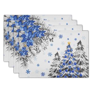 1PCS Christmas Blue Trees Printed Placemats Decorative Table Mat Washable Place Mats for Dining Kitchen Farm House Decor