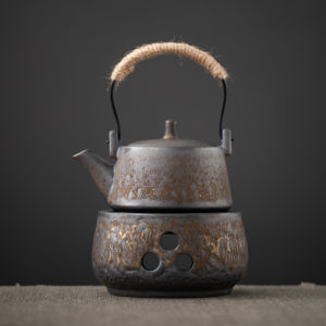 WENZHE | Retro Texture Gold Plated Earthenware Tea Pot And Warmer Set Japanese Style Ceramic Tea Brewing Pot for Home Tea Room Gifts