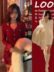 Váy Ngắn Cổ Chữ V Màu Đỏ Cho Nữ Mùa Đông 2025 Váy Ngắn Ôm Sát Cổ Điển Phong Cách Hepburn Dài Tay