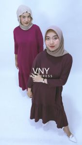 VNY Midi Dress Batwing Gamis Wanita Tunik Kaos Oversize Baju Lebaran Ruffle Katun Combed by Ziggy