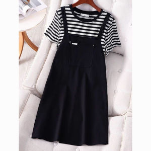 ชุดเดรสยาวปานกลางลายทางสีบล็อกสำหรับผู้หญิงไซส์ใหญ่ ชุดเดรสทรงเอปิดหน้าท้อง แขนสั้น คอตั้ง กระโปรงทรงเอ