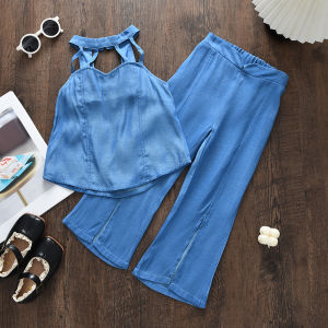 Bear Leader 3 to 7 Years Baby Girls Clothes Sets Blue Imitation Denim Fabric Neck Hanging Suit Korean Solid Color Hollow Top + Flared Pants Two-piece Outfits for 3 To 7 Years Kids Clothing Casual Wear