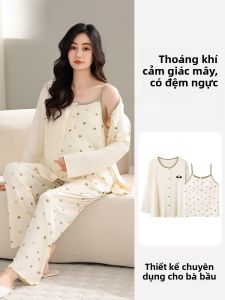 MiiOW | Bộ đồ ngủ cho bà bầu mùa hè mỏng có đệm ngực Bộ đồ mặc nhà ba mảnh có thể mặc ngoài trời Quần dài tay dài cổ tròn
