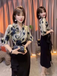 Elegant V-neck Short-sleeved Slimming Dress Autumn New Style Heavy Work Floral Print Dress Tagkita Brand Womens Fashion Dress