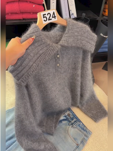 Retro Lazy Style Womens Grey Cashmere Sweater Loose Large Collar Autumn Winter New Arrival Comfortable Soft Knitted Long Sleeve