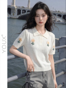 YOUXIANG | Áo Thun Sơ Mi Cổ Tay Ngắn Ôm Sát Hoa Văn