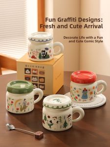 Ladies High Aesthetic Value Ceramic Mug Office Coffee Cup with Lid Breakfast Resistant High Temperature Cute Cartoon Design