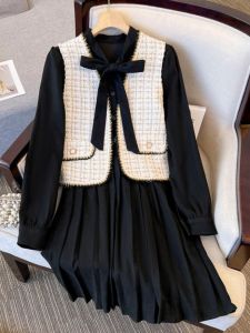 French Elegant Plaid Mini Dress And Vest Two-Piece Set plus Size Slimming Ensemble Autumn Winter Long Sleeve High Waist A-Line Skirt