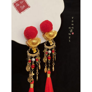 หมุดผมทรงเหรียญสีแดงสำหรับผู้หญิง เครื่องประดับผมสไตล์จีนใหม่ หมุดผมแบบหางปลา ตกแต่งด้วยขนสัตว์ ของขวัญปีใหม่