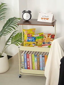 No Assembly Storage Cart with Wooden Top Drawer Storage Organizer Foldable Side Table Trolley Cart for Home