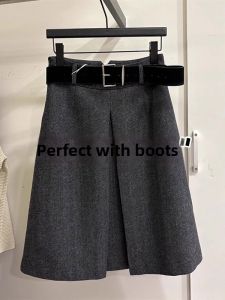 French Design High Waist A-Line Flared Wool Skirt
