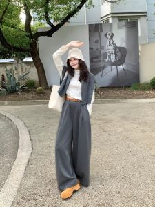 Early Autumn Korean Style Lazy Fashion Simple Long Sleeve Inner Wear Loose Vest Casual Wide Leg Pants Three Piece Set
