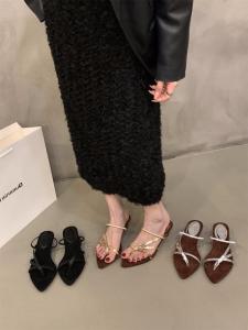 Silver French Pointed Toe Thin Strap Sandals Christy Kathy Chunky Heel Roman Shoes Casual Style Low Cut Leather Fashion Sandals