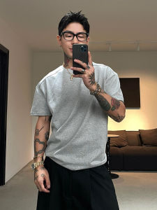 Heavyweight Pure Cotton Grey T-Shirt Mens Summer Cleanfit round Neck American Short Sleeve Half Sleeve Standard Fit Casual Style