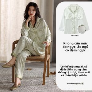 Bộ đồ ngủ MiiOW cho nữ làm bằng lụa băng thoải mái thoáng khí dài tay có đệm ngực