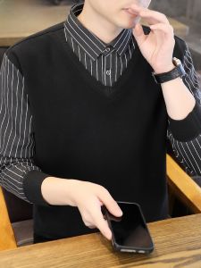 HENGYUANXIANG | Hengyuanxiang Mens Knitted Sweater Fleece Lined Thickened Shirt Collar V-Neck Winter Fashion Casual Comfortable Polyester Blend