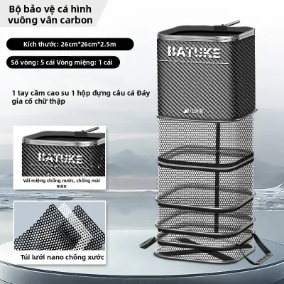BATUKE | Lưới Đựng Cá Câu Dạng Vuông Vân Carbon Nhanh Khô Gọn Nhẹ Lưới Dày Bền