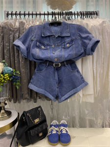 Fashionable Trendy High Waist Overalls Womens Short Sleeve Denim Jumpsuit Short Pants High Waist Cotton Blend Fabric