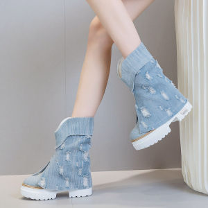 Spring Autumn Denim Short Boots Womens New Style Fall High Heel Thick Bottom Ultra High Heel V-notch Pantleg Boots Fashionable Street Style