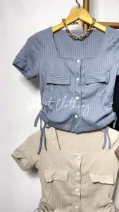 Blouse Knit Serut Samping Wanita / Atasan Square Neck Button Rib 5288