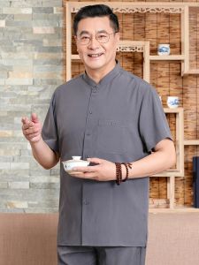 DTHN | Bộ đồ nam mùa thu phong cách Trung Hoa lụa băng tay ngắn cỡ lớn trang phục bố trang phục ông nội trang phục công sở thường ngày không cần ủi