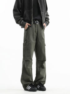 Military Green Washed Paratrooper Pants Mens Summer American High Street Loose Logging Style Casual Trousers for Spring Autumn