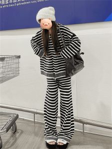 BINKAFENNY | Korean Style Drawstring Hooded Striped Sweater And Wide Leg Pants Two Piece Set High End Feel Autumn Fashion Complete Outfit
