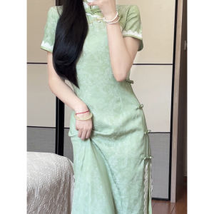 Young Womens New Chinese Style National Trend Hidden Pattern Embroidery Improved Cheongsam Short Sleeve Dress Summer 2025